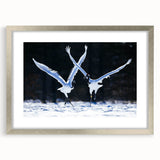 Framed wall art featuring a delicate crane design in a silver frame, complemented by a white mat, perfect for modern home decor and artistic displays. Ideal for nature lovers and interior design enthusiasts looking to enhance their living space.