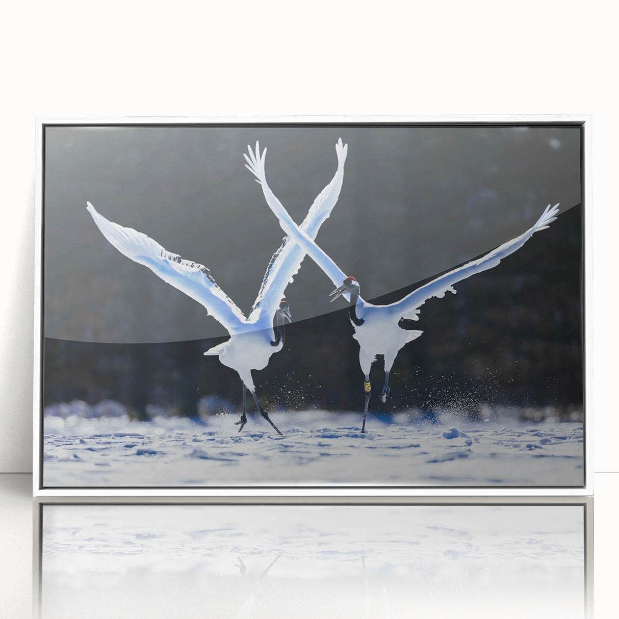 Framed wall art featuring an elegant crane design in a white frame, showcasing intricate details and vibrant colors, perfect for enhancing modern home decor.