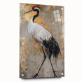 Acrylic wall art showcasing a detailed crane design, set against a vibrant backdrop. This side view highlights the pins used for mounting, emphasizing its elegant presentation in home decor.