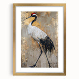 Framed wall art featuring an elegant crane design in gold, showcasing intricate details and a stylish mat, perfect for modern home decor. The artwork adds a touch of sophistication to any room with its vibrant colors and refined aesthetic.