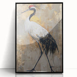Framed wall art featuring a stunning crane design with intricate details, set in a sleek black frame, ideal for modern home decor and enhancing interior aesthetics.