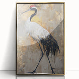 Framed wall art showcasing an elegant crane design in gold and black, featuring an acrylic front for a sleek finish. Ideal for modern home decor.