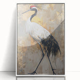 Framed wall art featuring a serene crane design, set against a white background, showcasing elegant lines and soft colors, perfect for modern home decor.