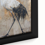 Close-up of a beautifully framed wall art piece depicting a crane design, showcasing intricate details and vibrant colors, perfect for home decor enhancement.