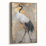 Framed wall art featuring a stunning gold and black crane design, showcasing elegance and sophistication, ideal for modern home decor or office spaces.