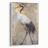 Framed wall art featuring a serene crane design on a textured canvas, presented in a sleek white frame, ideal for modern home decor. This piece enhances any living space with its elegant and tranquil aesthetic.
