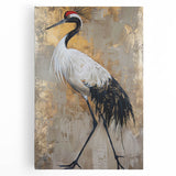Stretched canvas wall art featuring a vibrant crane design in shades of blue and gold, perfect for adding elegance to home decor. Ideal for bird lovers and modern art enthusiasts.