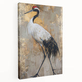 Elegant stretched canvas wall art showcasing a graceful crane design in serene colors, ideal for enhancing home decor and creating a calming atmosphere.