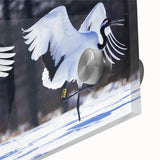 Close-up view of a wall art piece showcasing a vibrant crane design printed on acrylic glass, featuring intricate details and vivid colors, ideal for modern decor.