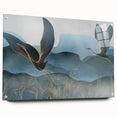 Elegant wall art featuring a crane design, displayed in acrylic glass with a sleek side view. The artwork is meticulously pinned for a refined presentation, perfect for modern decor.