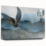 Elegant wall art featuring a crane design, displayed in acrylic glass with a sleek side view. The artwork is meticulously pinned for a refined presentation, perfect for modern decor.
