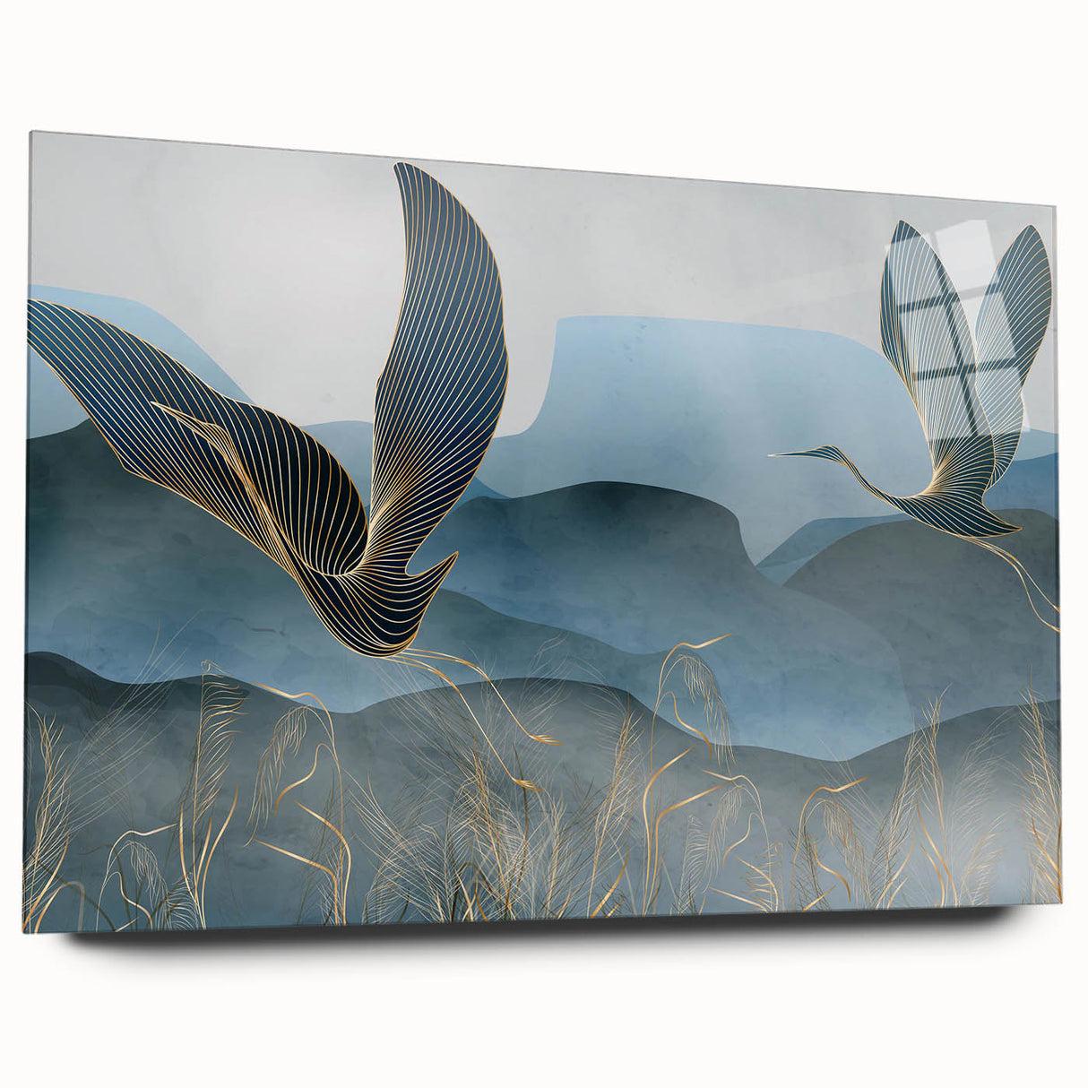 Elegant wall art piece showcasing a stunning crane design, printed on acrylic glass. The artwork features vibrant colors and intricate details, perfect for modern decor.