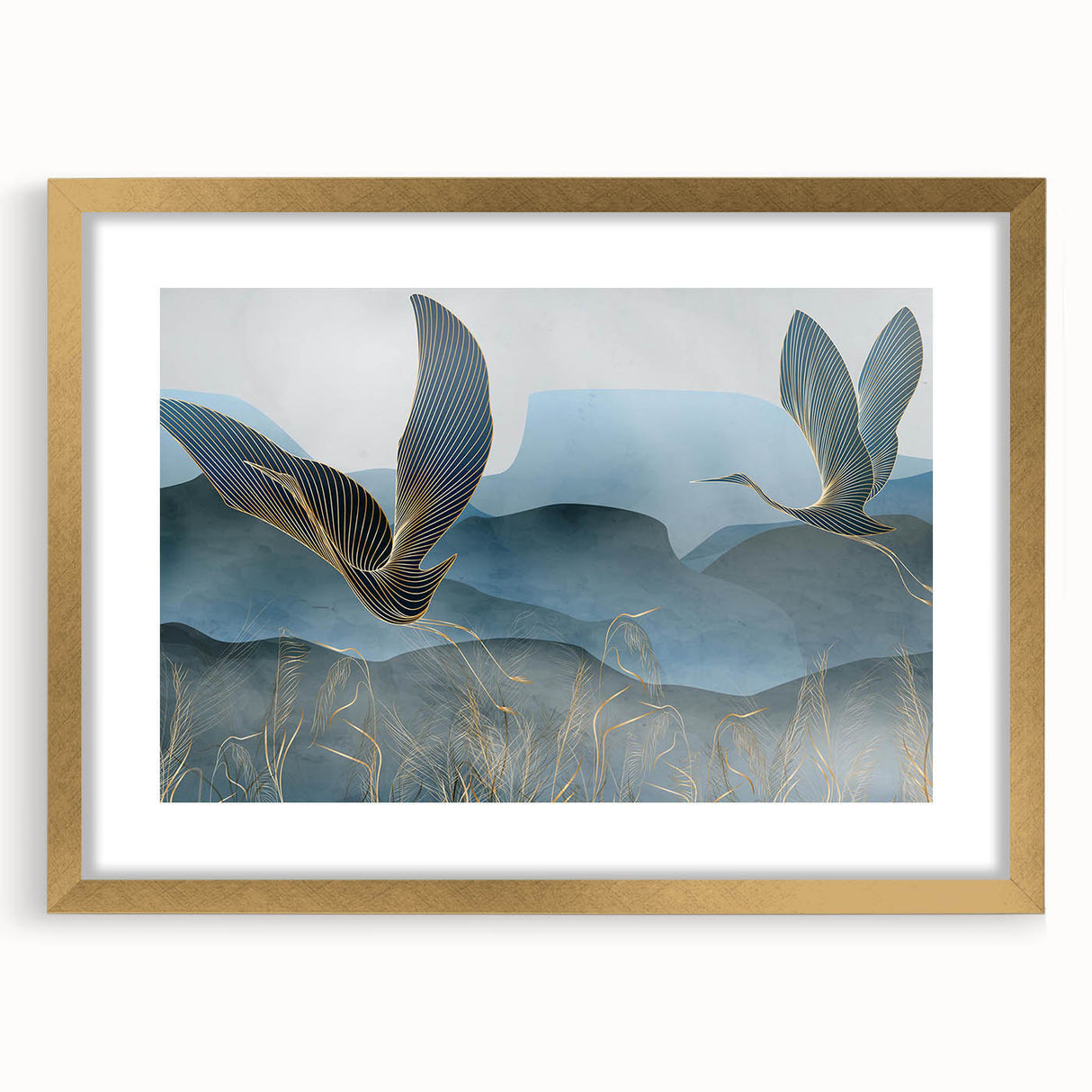 Framed wall art featuring an elegant crane design on a textured mat, with a gold frame enhancing its sophistication. Perfect for modern decor.