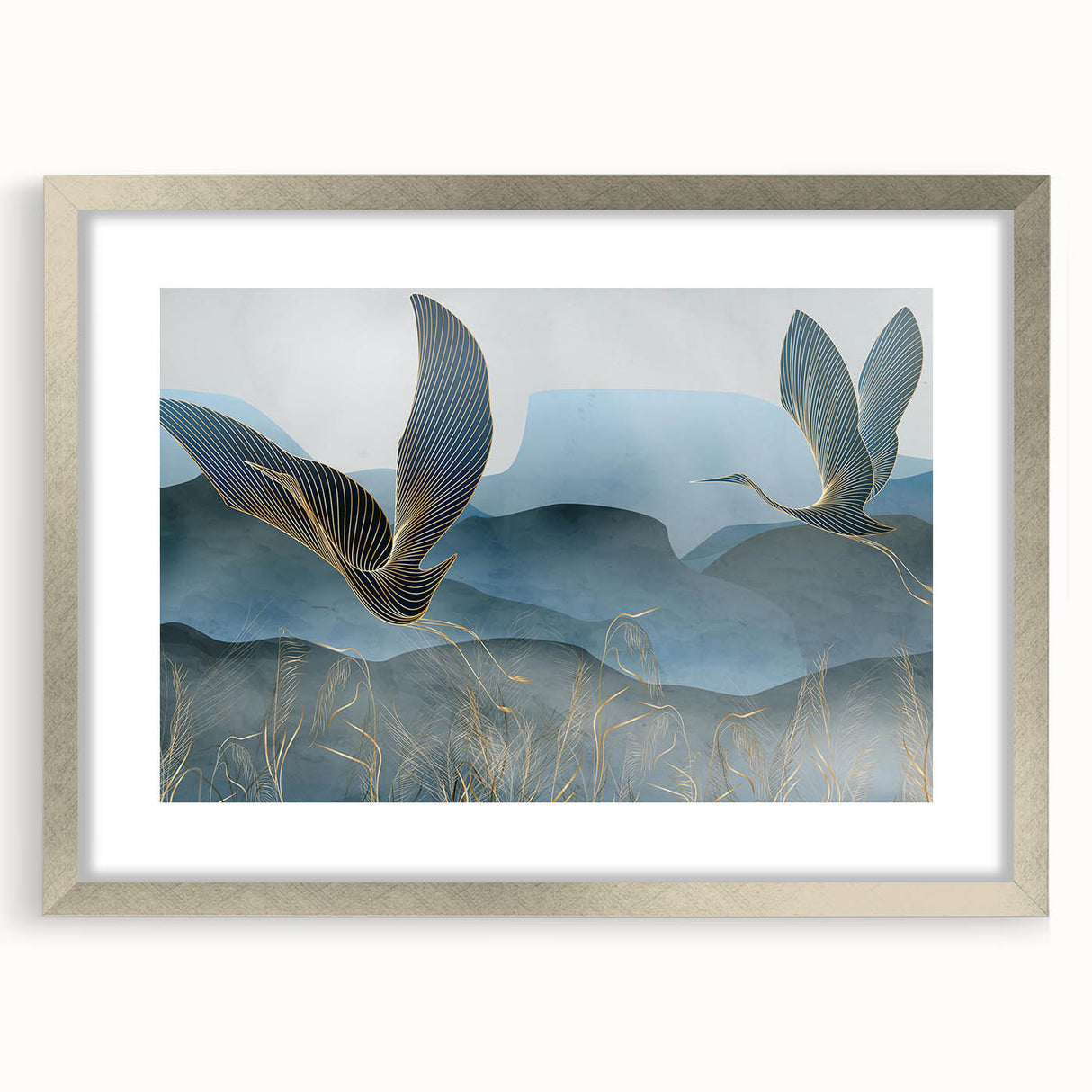Framed wall art featuring a graceful crane design in silver matting, perfect for home decor. Ideal for nature lovers and modern art enthusiasts.