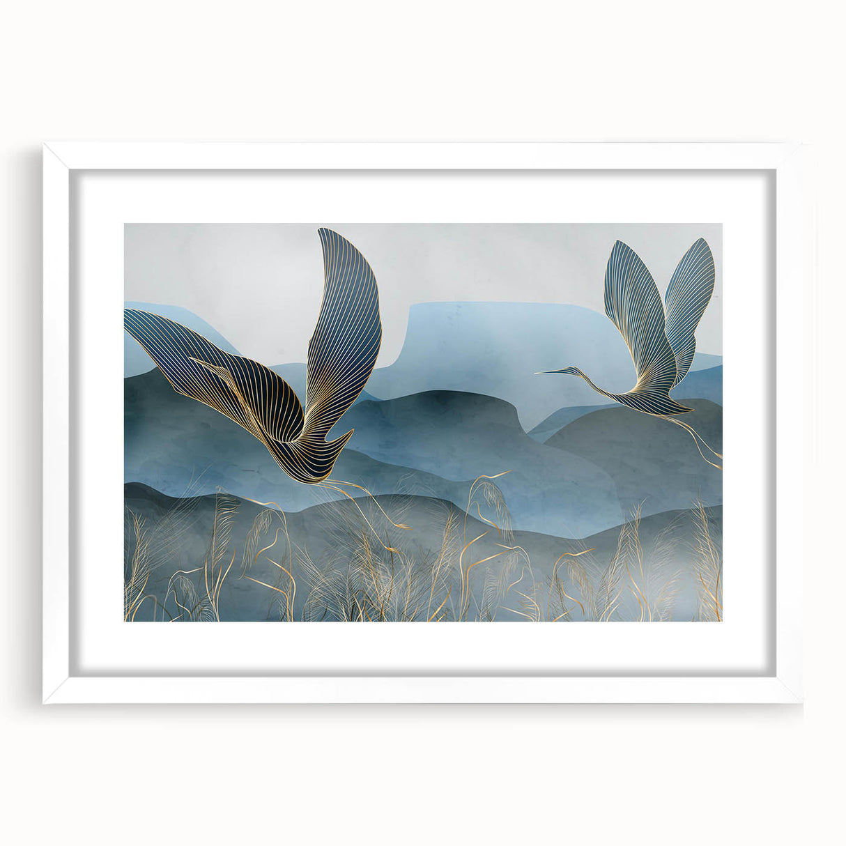 Framed wall art featuring an elegant crane design in a minimalist style, showcased in a white mat for a sophisticated look, perfect for home decor.