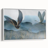 Framed wall art featuring a serene crane design on a white canvas, showcasing elegant details and a modern aesthetic, perfect for enhancing home decor.