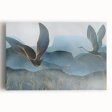 Stretched canvas wall art featuring an elegant crane design in soft pastel colors, perfect for home decor, showcasing intricate details and a serene aesthetic.