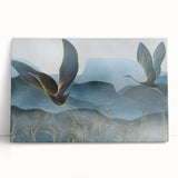 Stretched canvas wall art showcasing an elegant crane design in soft pastel colors, ideal for modern home decor or a serene gallery setting.