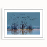 Framed wall art showcasing a detailed crane design, featuring a white mat and elegant wood frame, perfect for home decor and enhancing interior aesthetics.