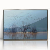 Framed wall art featuring an elegant crane design in a silver-acrylic finish, showcasing intricate details and a modern aesthetic, perfect for enhancing home decor.