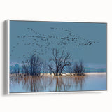 Framed wall art showcasing a contemporary crane design on canvas, featuring a white background and elegant details, perfect for modern home decor.