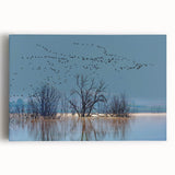 Elegant stretched canvas wall art featuring a graceful crane design in soft pastel colors, perfect for adding a serene touch to modern home decor.