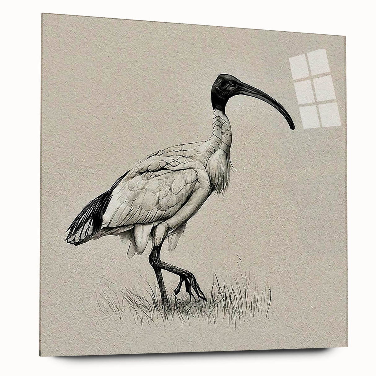 Elegant wall art featuring a side view of a crane design printed on acrylic glass, showcasing intricate details and vibrant colors, ideal for modern home decor.