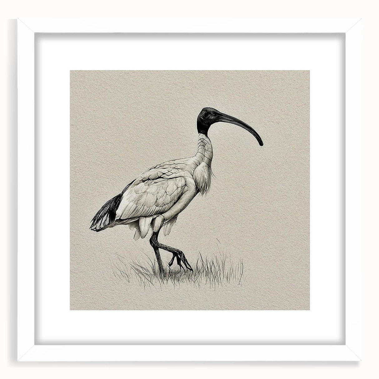 Framed wall art featuring an elegant crane design in a white mat, showcasing a serene nature scene perfect for home decor and modern aesthetics.