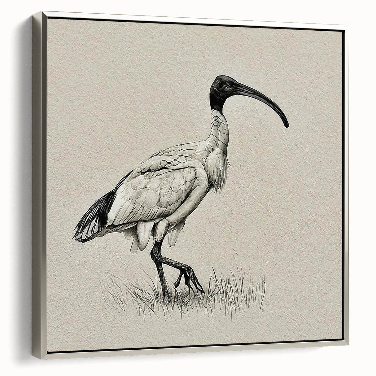 Framed wall art showcasing a silver crane design on canvas, highlighting elegant details and textures, perfect for modern home decor and interior styling.