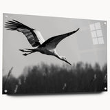 Elegant acrylic glass wall art collection featuring a detailed crane design, showcased from a side view with pins for easy mounting. Ideal for modern decor.