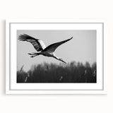Framed wall art featuring a serene crane design in soft pastel colors, displayed with a white mat, perfect for enhancing modern home decor and creating a calming atmosphere.
