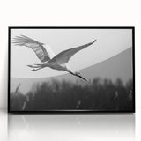 Framed wall art featuring an elegant crane design in black and white, showcasing intricate details and a modern aesthetic, perfect for contemporary home decor.