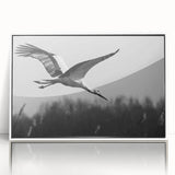 Framed acrylic wall art featuring an elegant crane design in soft white tones, beautifully displayed in a modern frame, perfect for adding sophistication to any space.