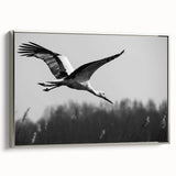 Framed wall art featuring an elegant crane design on textured canvas, adorned with a silver frame, perfect for modern home decor and interior styling.