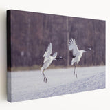 Stretched canvas wall art showcasing a graceful crane design in soft blue and beige tones, perfect for nature-inspired home decor. Ideal for enhancing living spaces.