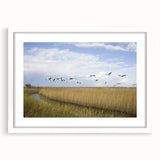 Elegant wall art featuring a crane design in a white frame with a mat, ideal for enhancing modern home decor. Perfect for nature lovers and art enthusiasts.