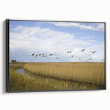 Framed wall art featuring a black crane design on canvas, showcasing intricate details and textures, perfect for modern home decor. The side view highlights its elegant frame and artistic appeal.