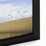 Close-up of a framed canvas wall art featuring an elegant crane design, showcasing intricate details and vibrant colors, ideal for enhancing modern home decor.