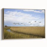 Framed canvas wall art featuring an elegant crane design with gold accents, showcasing a side view that highlights its intricate details and artistic flair, perfect for modern decor.