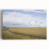 Stretched canvas wall art featuring an elegant crane design in soft pastel colors, perfect for modern home decor or nature-themed interiors.