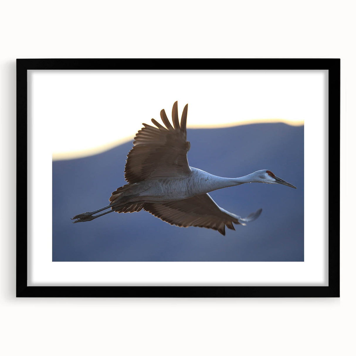 Framed wall art featuring an elegant crane design in a black frame with a white mat. Ideal for enhancing home decor, this artwork adds sophistication to any space.