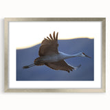 Elegant silver-framed wall art featuring a crane design, complete with a white mat, ideal for enhancing modern home decor and showcasing avian beauty.