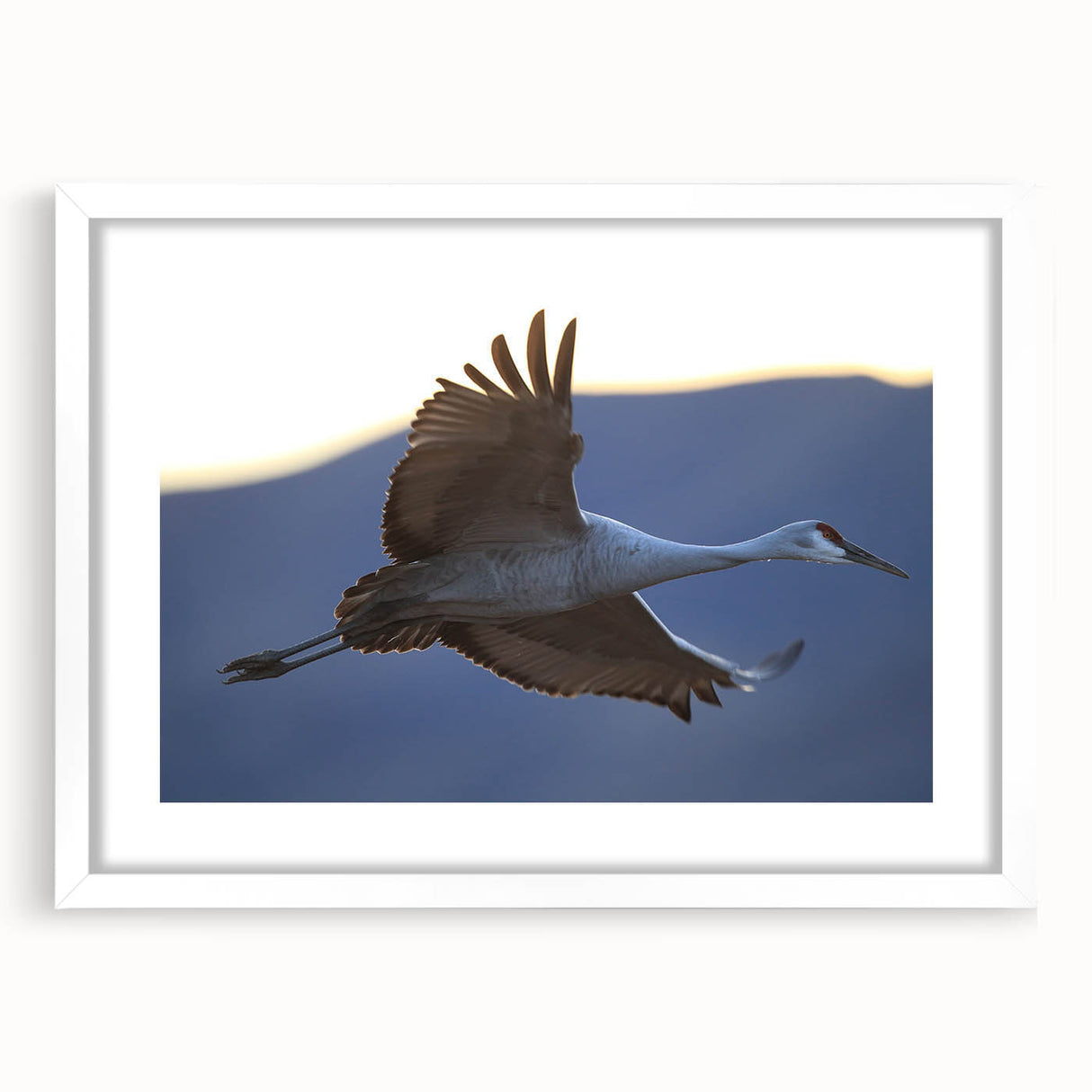 Elegant wall art featuring a crane design in a white frame with a mat, showcasing intricate details and artistic craftsmanship, perfect for home decor.