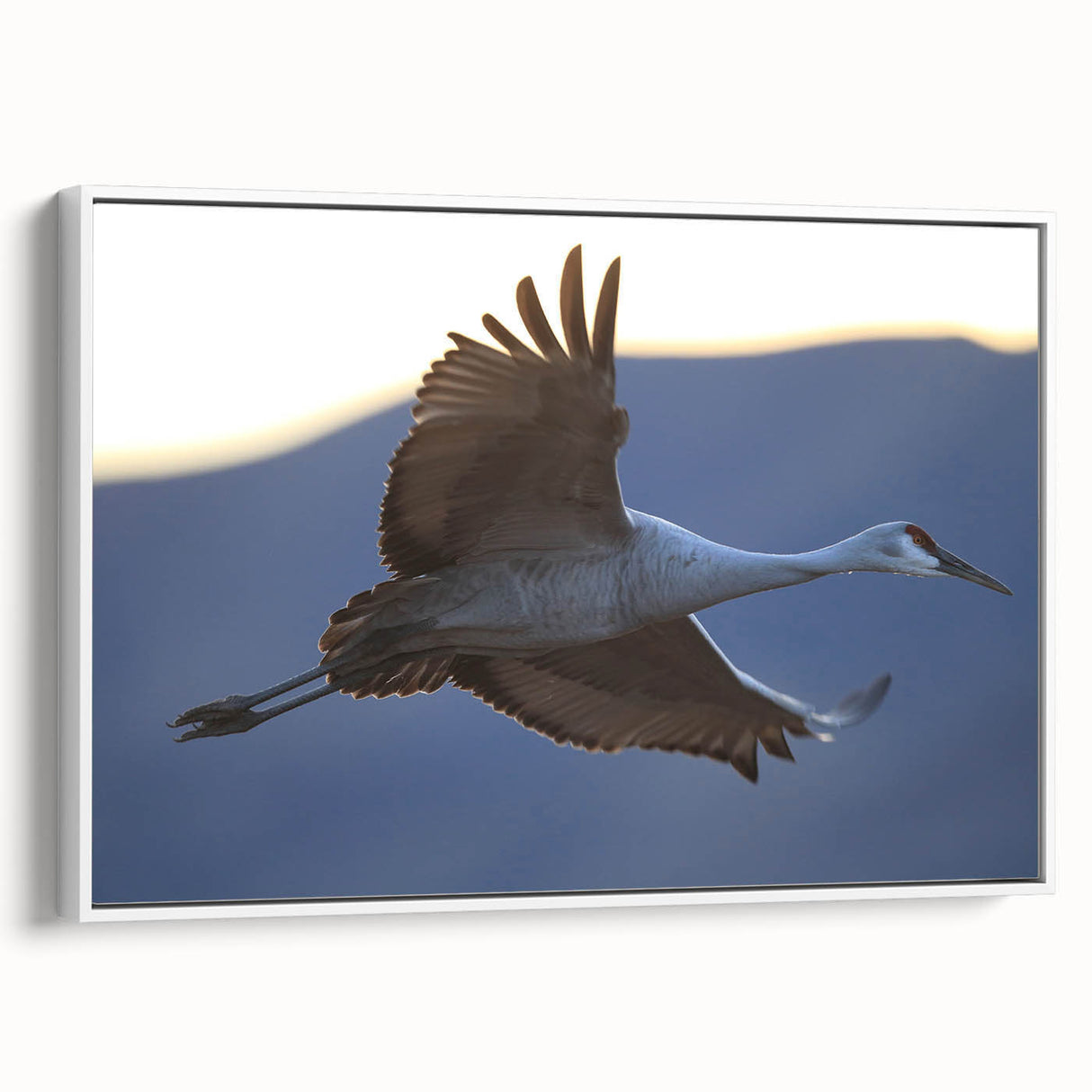 Framed wall art showcasing a serene crane design on a white canvas, displayed from a side view, perfect for contemporary home decor.