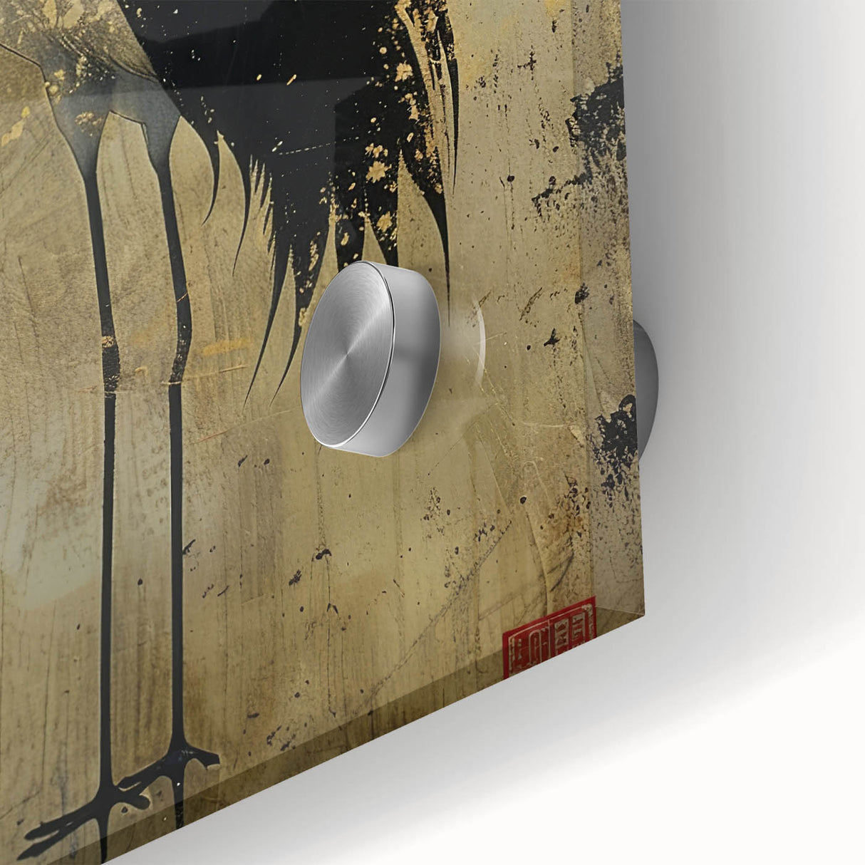 Close-up of a stunning acrylic glass wall art piece showcasing a delicate crane design in vibrant colors, ideal for modern home decor. Perfect for bird enthusiasts.