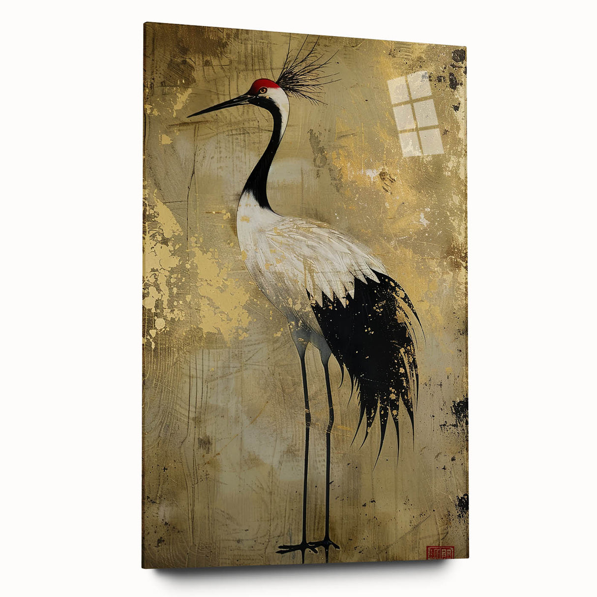 Elegant side view of a crane design wall art piece made from acrylic glass, showcasing vibrant colors and intricate details, suitable for modern decor.