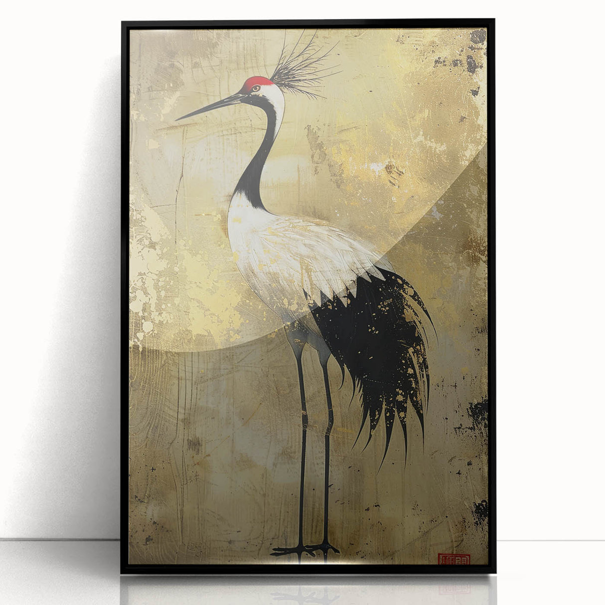 Framed wall art featuring an elegant crane design in black acrylic, showcasing intricate details and a modern aesthetic, perfect for contemporary decor.