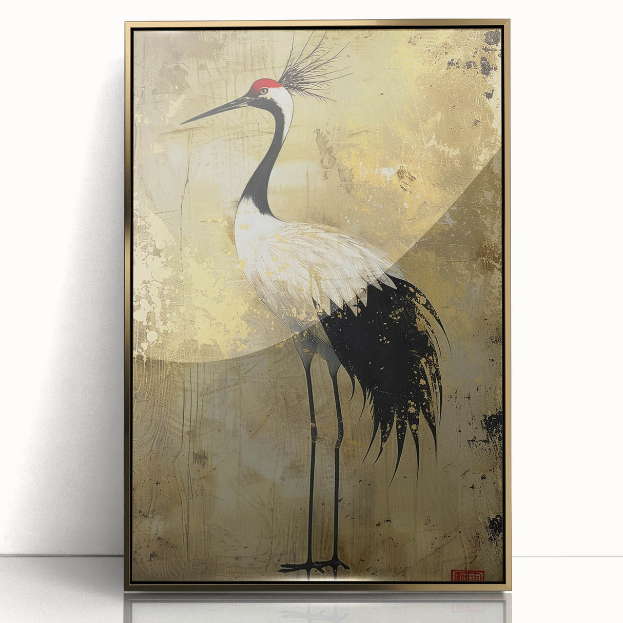 Framed wall art featuring a stunning crane design in gold acrylic, showcasing intricate details and elegant lines, ideal for modern decor and bird enthusiasts.