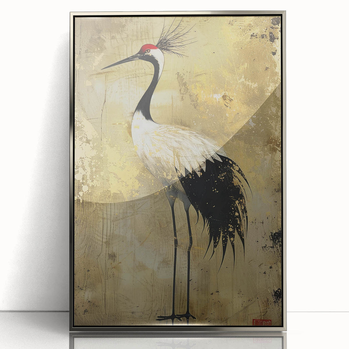 Framed wall art featuring an elegant crane design in silver acrylic, showcasing a modern aesthetic suitable for home decor. The piece brings a touch of sophistication and nature-inspired beauty to any room.