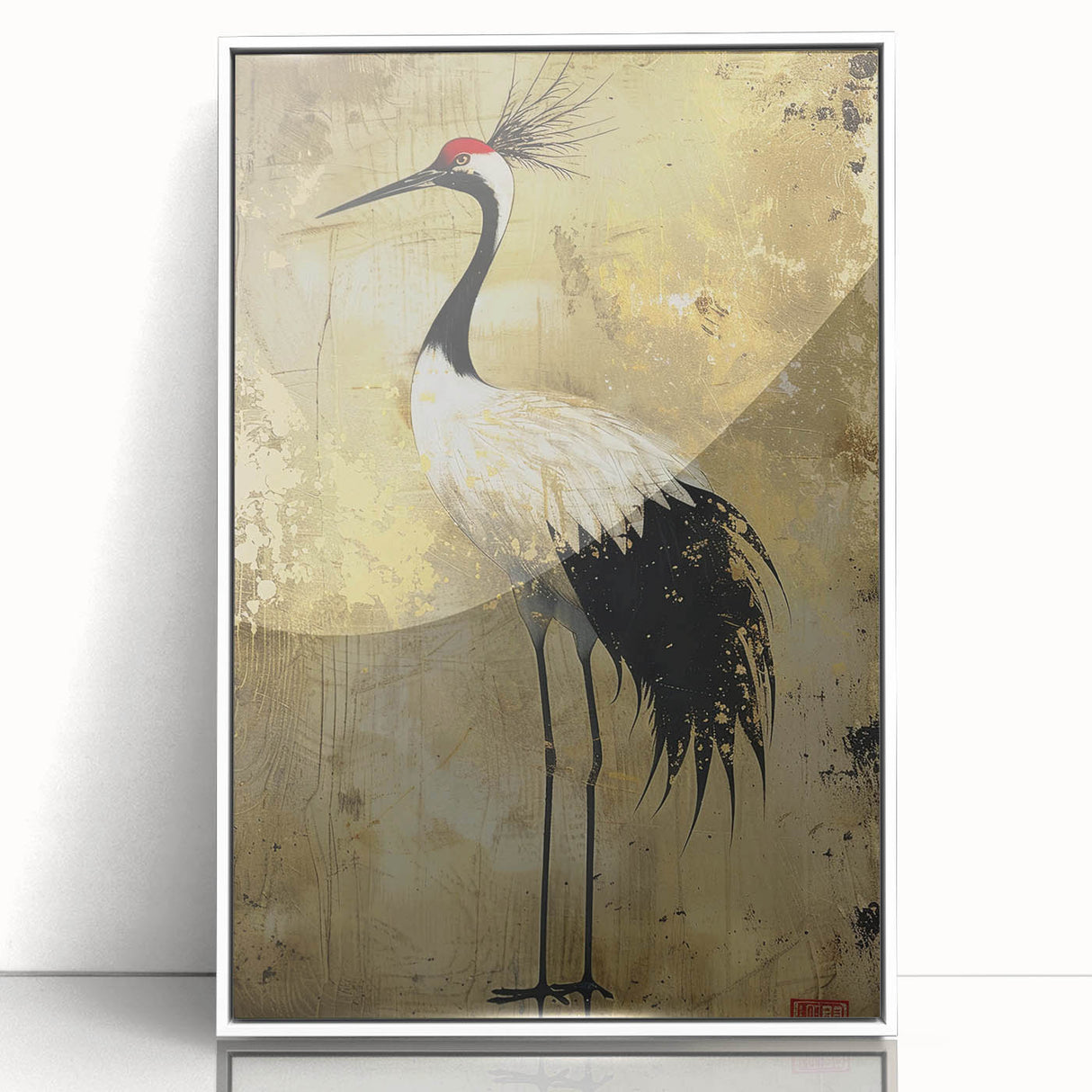 Framed wall art featuring a stunning crane design in a minimalist white frame, showcasing intricate details and vibrant colors, perfect for modern home decor.